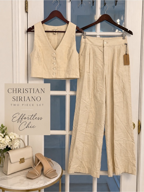 Christian Siriano Pants - CHRISTIAN SIRIANO Women’s Linen Vest Wide Leg Pants 2 Piece Set Ivory Size 6